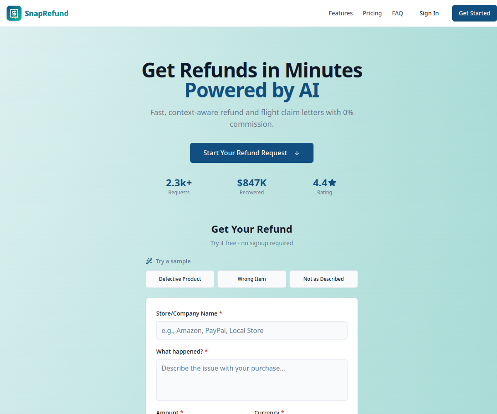 SnapRefund landing page screenshot