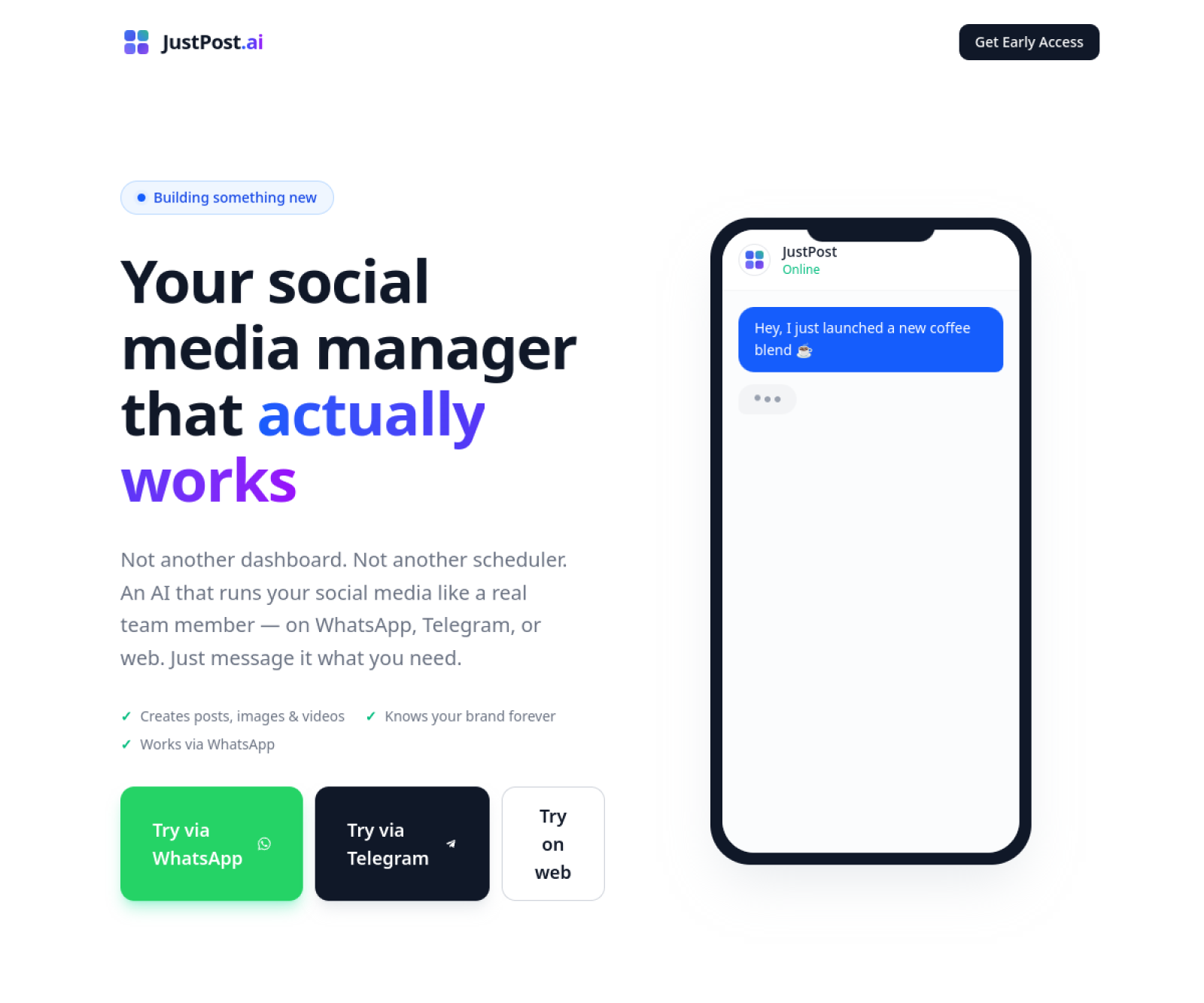JustPost.AI landing page screenshot